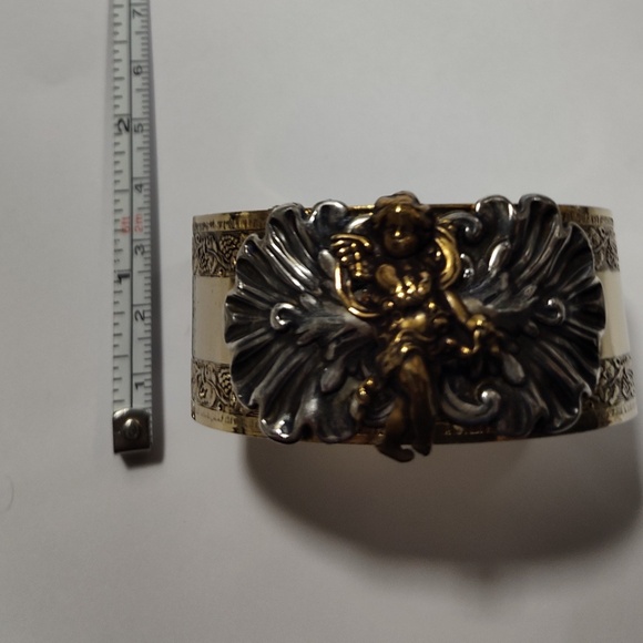 Vintage Sonja Lea Gold, Silver and Brass Tone Cherub Wide Cuff Ornate Bracelet - Picture 2 of 16